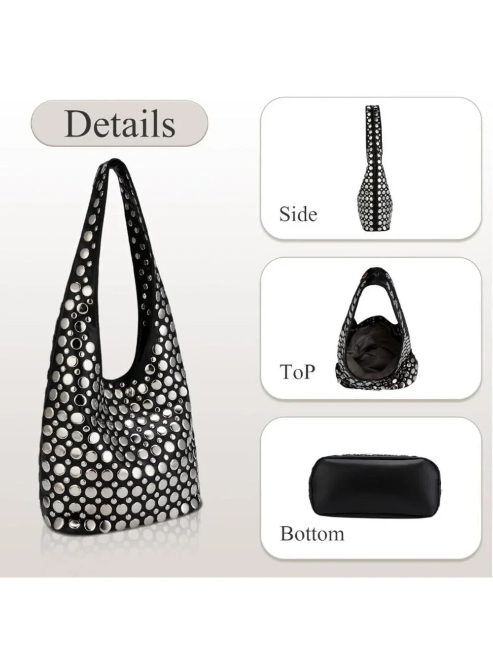 Punk-Inspired Studded HOBO Bag Luxury Trendy Chic Shoulder Handbag PU Leather
